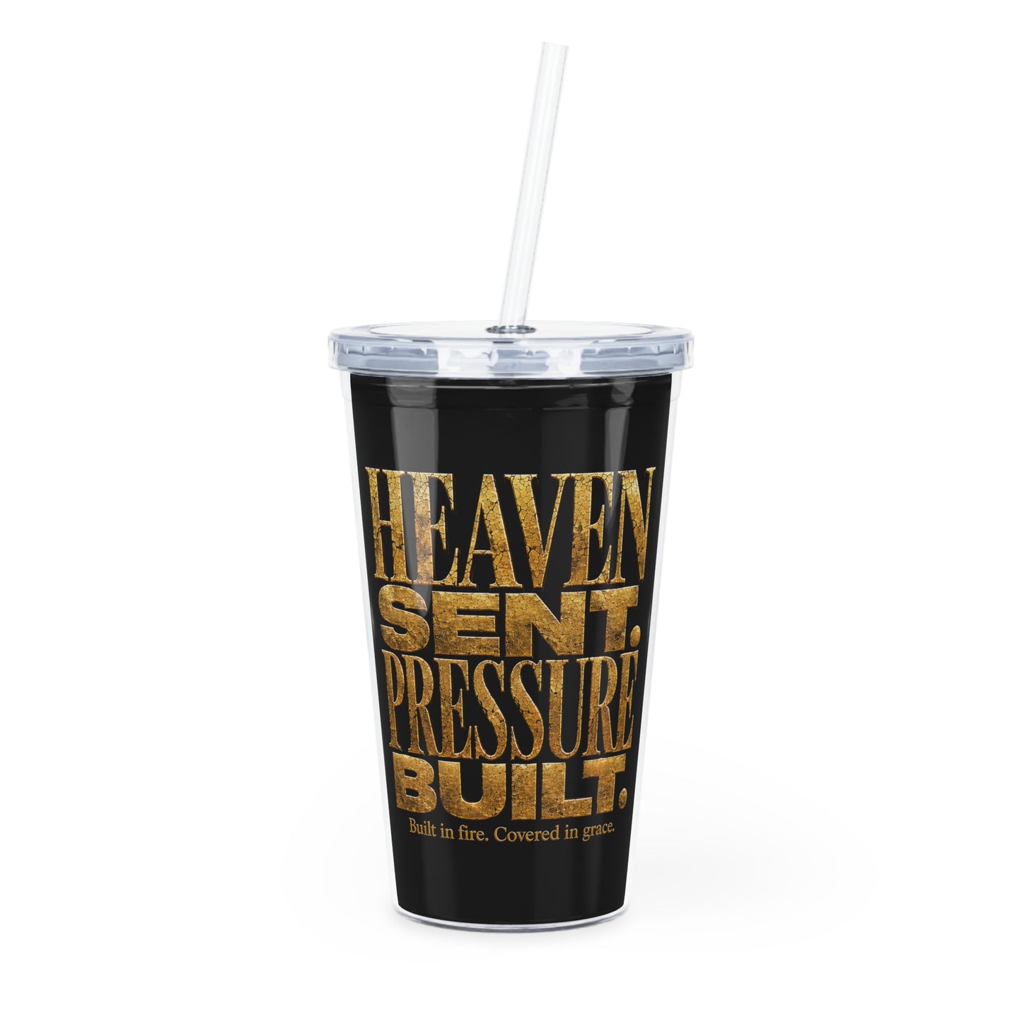 Gold Foil Scripture Tumbler with Straw — "Heaven-Sent, Pressure-Built" Christian Drink Cup