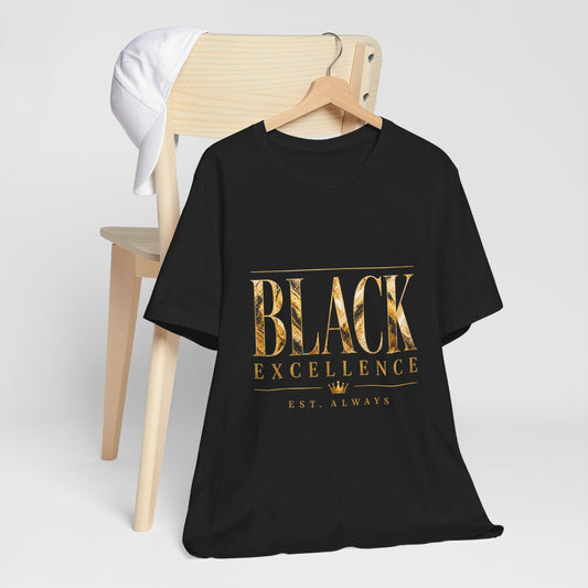 Black Excellence Tee — Gold Foil Graphic Short Sleeve Shirt