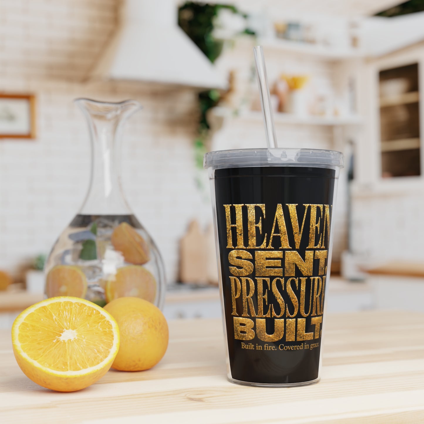 Gold Foil Scripture Tumbler with Straw — "Heaven-Sent, Pressure-Built" Christian Drink Cup